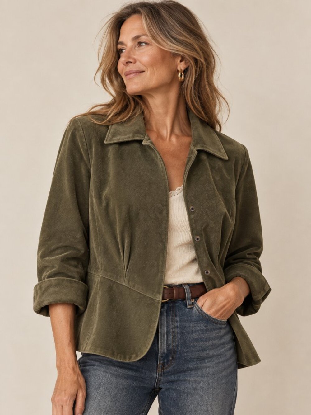 Coldwater Creek 100% Leather Suede Olive Green Jacket Blazer Petite M